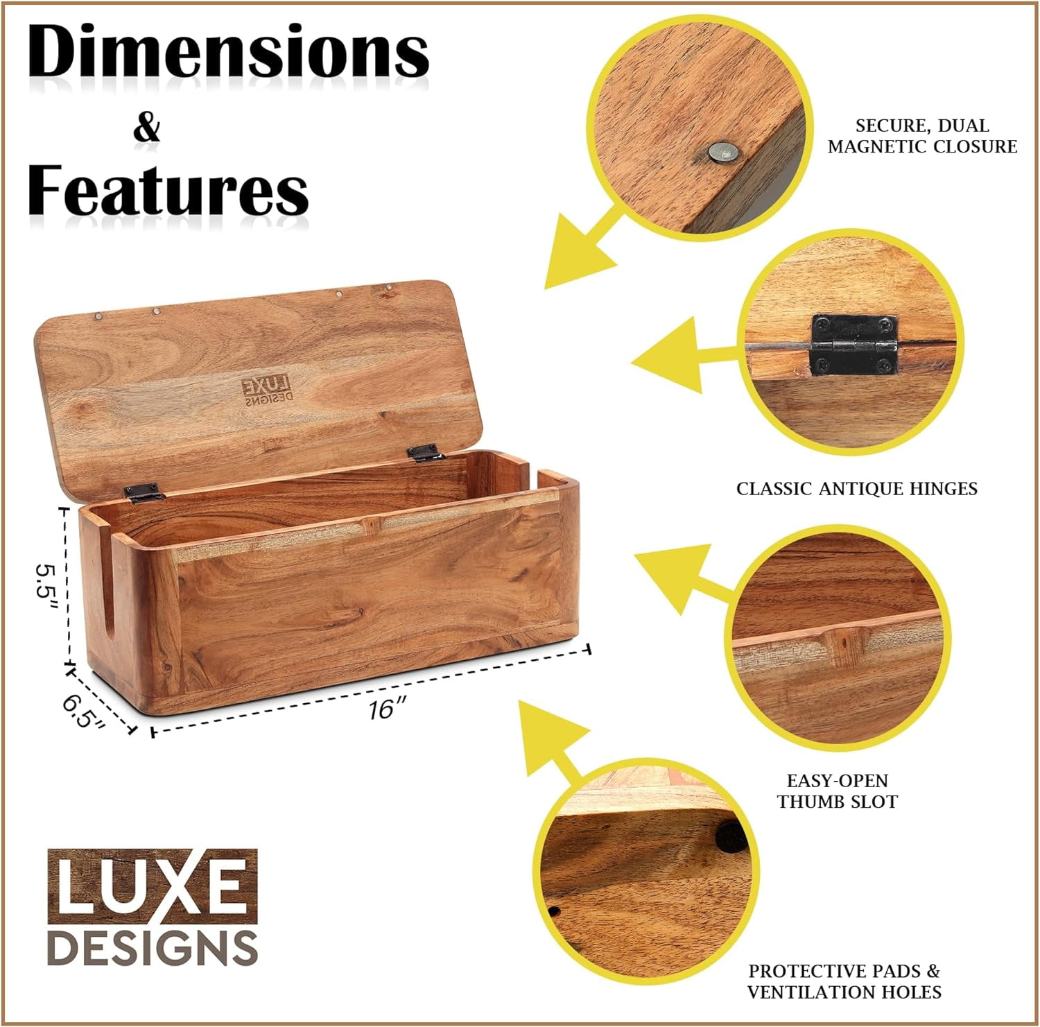 Luxe Designs Large Cable Management Box - Acacia Wood Cable Organizer Box and Power Strip Box for Electrical Cord Management - Desk Cord Hider - Wire Storage and Organization for Cords