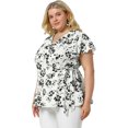 thumbnail image 4 of Women's Plus Size Tops Ruffle Neck Floral Print Bell Sleeve Wrap Tie Waist Boho Peplum Blouse White 3X, 4 of 7
