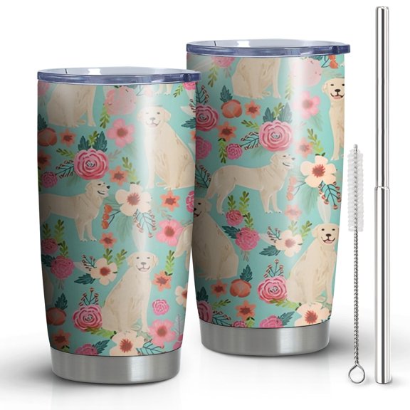 20oz Tumblers Golden Retriever Dog and Flowers Stainless Steel Vacuum Insulated Double Wall Travel Tumbler Cups Mug with Lid and Straw,Cleaning Brush for Cold & Hot Drinks
