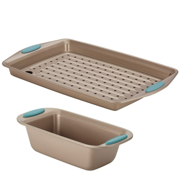 Rachael Ray Cucina Nonstick Bakeware Crisper Pan and Bread Pan Set, 3-Piece, Latte Brown with Agave Blue Handle Grips