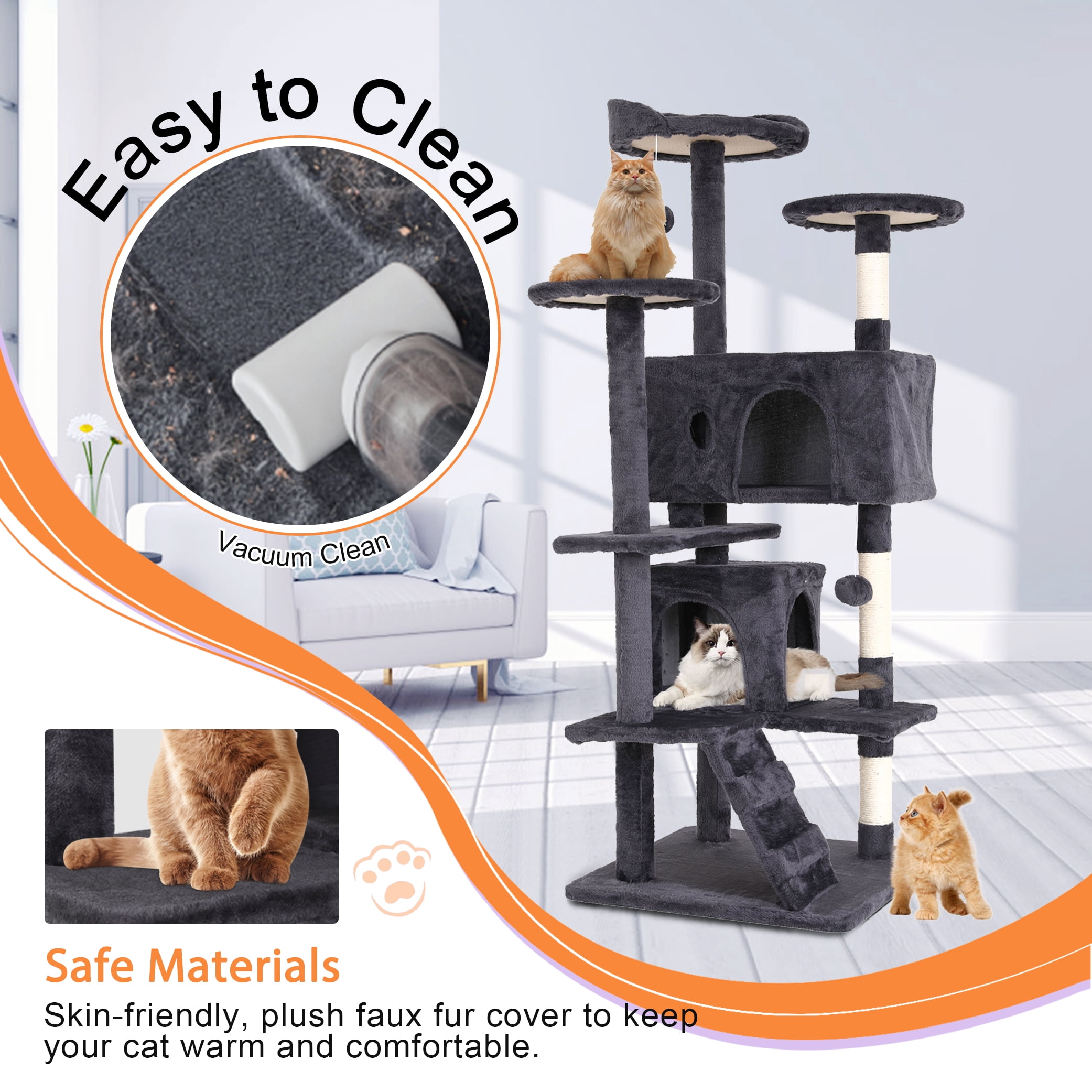 XF XINFENG 54in Cat Tree Tower Stand Multi-Level Kittens Cozy Condo Furniture Cats House with Funny Toys Scratching Sisal Posts for Indoor, Ashy