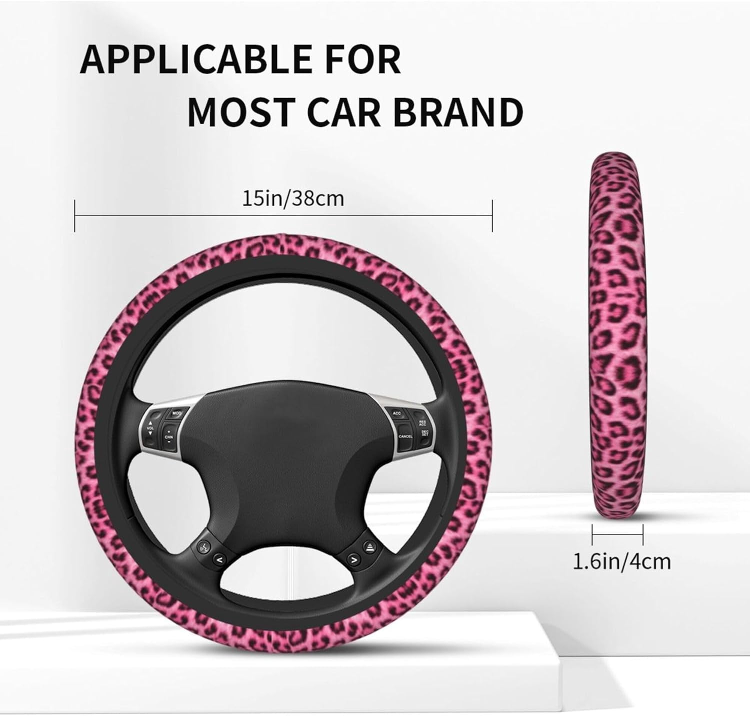 Leopard Print Pink Steering Wheel Cover Universal for 14-15 Inch Anti-Slip Breathable +2 Pieces Car Coasters, Cheetah Print hot Pink Car Wheel Cover for Women Men