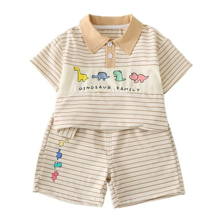 Landzoo Toddler Kids Boys Girls Outfit Set Cartoon Dinosaur Striped Print Short Sleeve Notch Neck T-Shirt With Graphic Print Shorts Outfit Summer Loose Fit Boys Set Size 1-2 Years Khaki