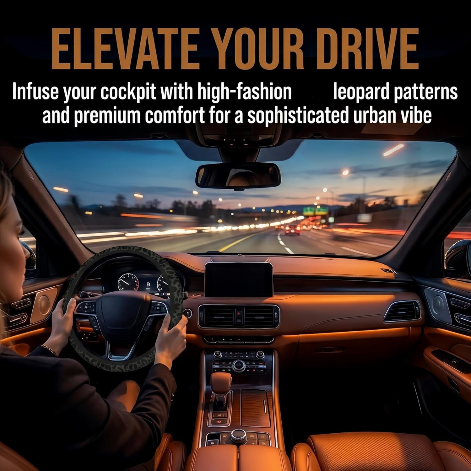 Black Leopard Print Steering Wheel Cover for Women,Universal 14-15 Inch Anti-Slip Breathable with 2 Pieces Car Coasters Cheetah Animal Print Car Wheel Cover Accessories