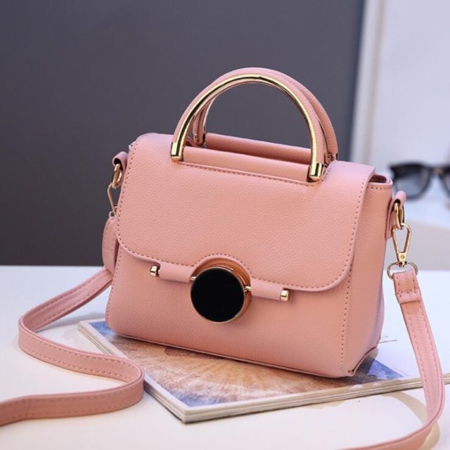 Nestbag Women Pink Small Square Satchel Handbag, PU Leather Circle Lock