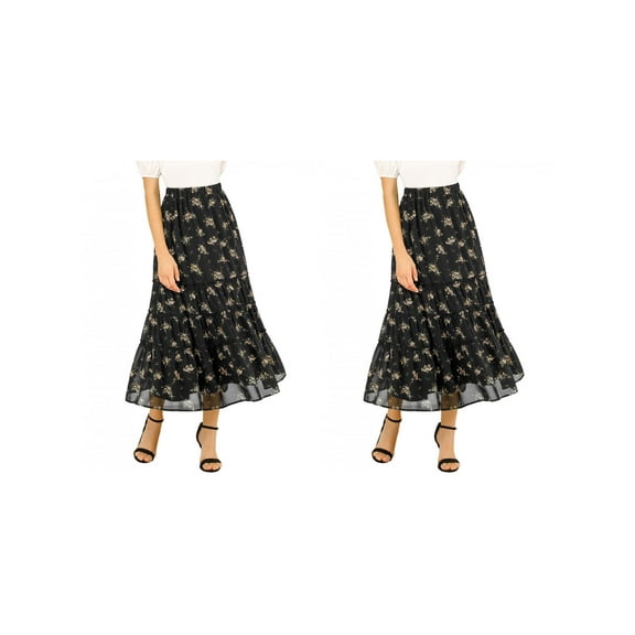 NOMADIC NOOK Women's 2 Packs Floral Print Elastic Waist Ruffle Maxi Tiered Skirt