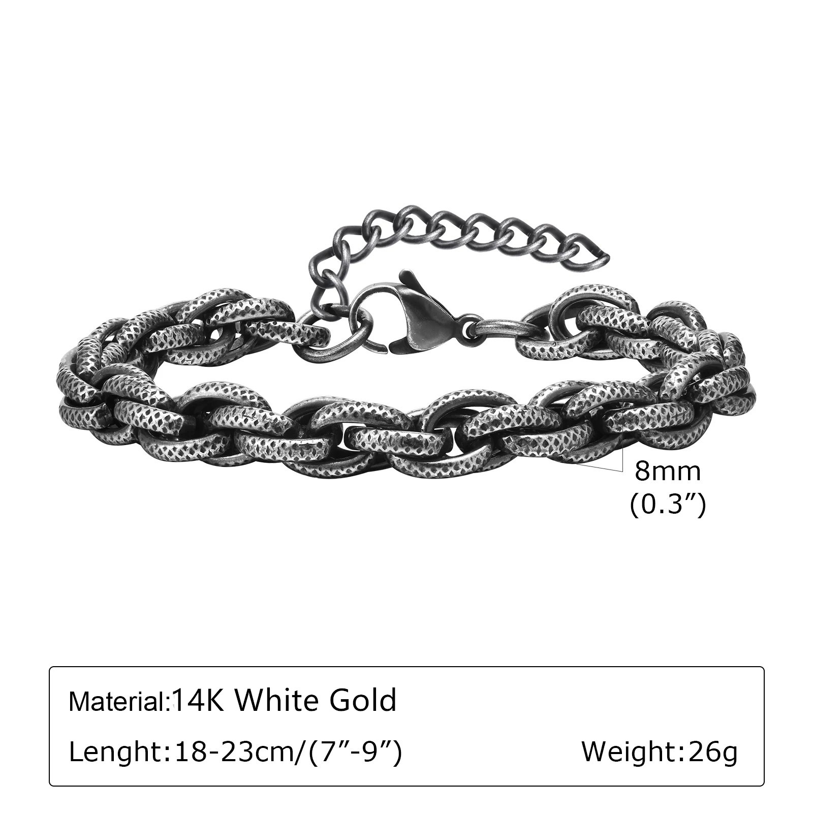 Vintage Handmade Chain Bracelets for Men Boys,8mm Width 14K White Gold Link Wristband,Punk Rock Jewelry Gift for Him