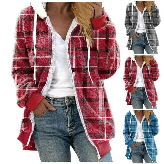 Feancey Plaid Hooded Jacket Women Fleece Warm Flannel Jackets Drawstring Long Sleeve Zip up Hoodies Comfy Fuzzy Winter Coats Red XL