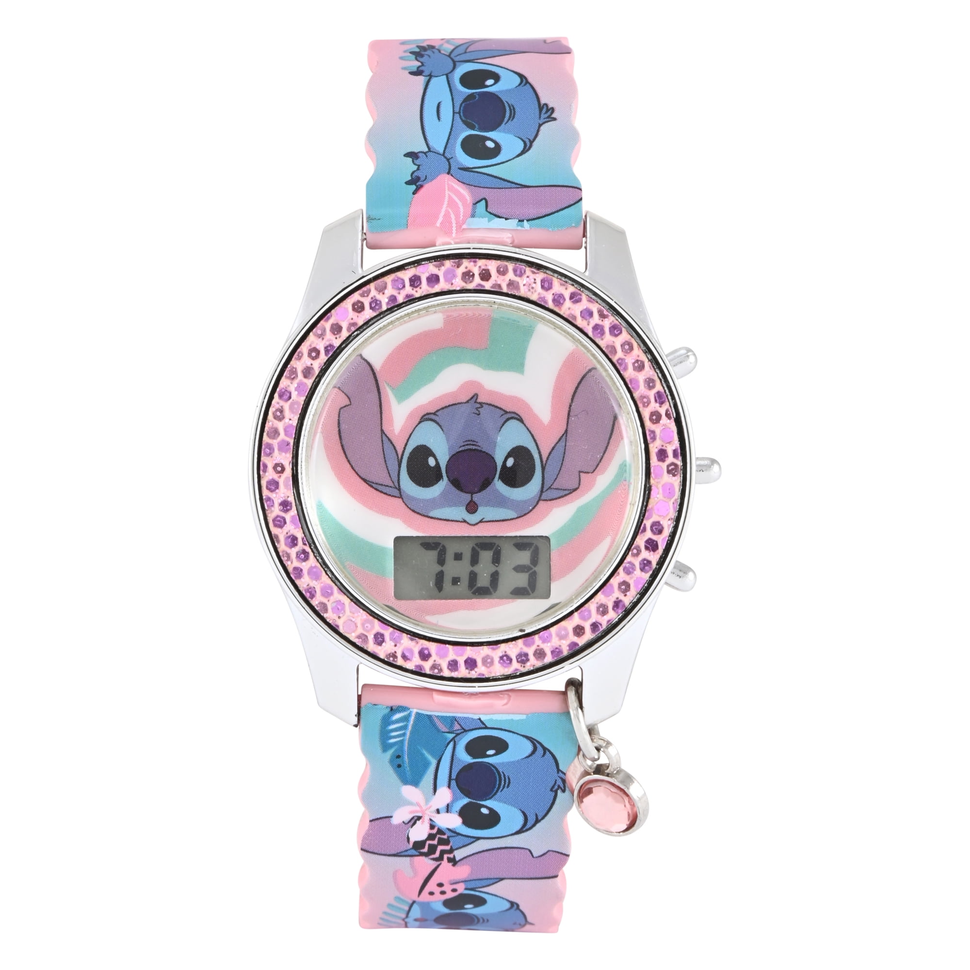 Disney Lilo & Stitch Pink Scalloped Silicone Strap with Pink Crystal Bezel Watch; LAS4095WM