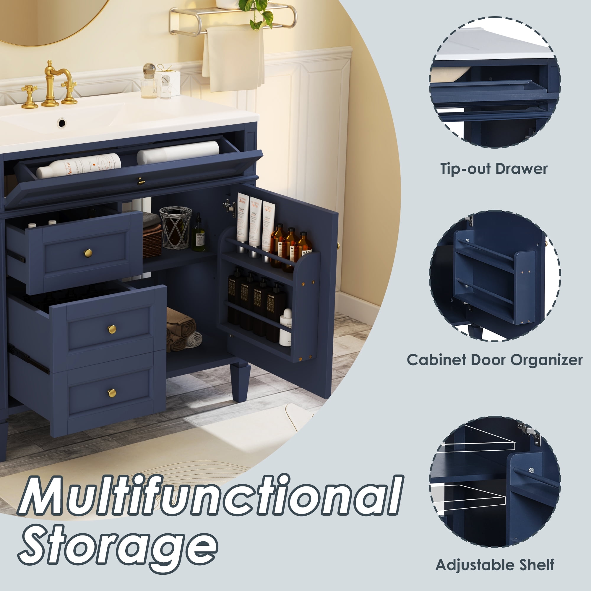 Euroco Freestanding Bathroom Vanity with Drawers and Cabinet Door Organizer, Modern Sink Cabinet, Easy Assembly