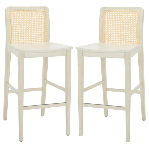 SAFAVIEH Benicio 42" Rattan Bar Stool, White Body/Natural Back Rest, Set of 2