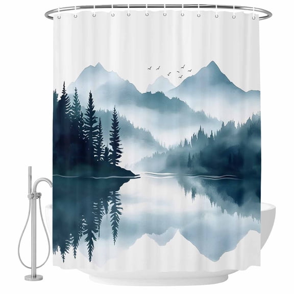 Green Forest Lake Shower Curtain Set - 72" x 78" Washable Bathtub Curtain with 12 Hooks, Abstract Watercolor Landscape Art Waterproof Fabric Stall Shower Curtains for Bathroom/Bathtub Décor