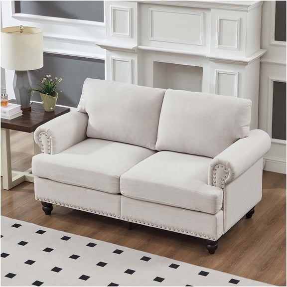 JERFIT Modern Loveseat Sofa with Storage, Classic Beige Upholstered Couch for Living Room, 2-Seater Polyester Fabric Small Couch with Round Arms