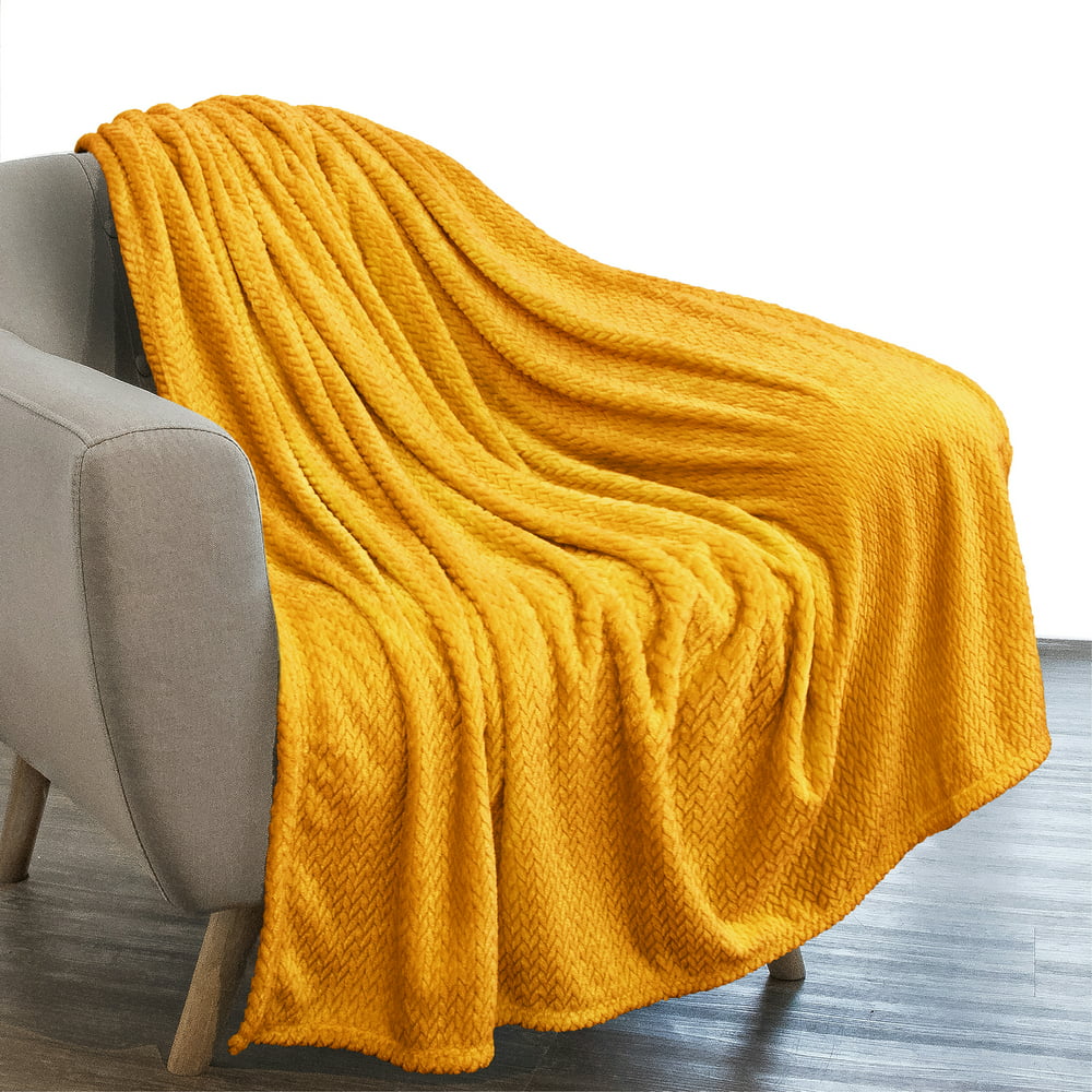 PAVILIA Luxury Flannel Fleece Blanket Throw Mustard Yellow| Soft