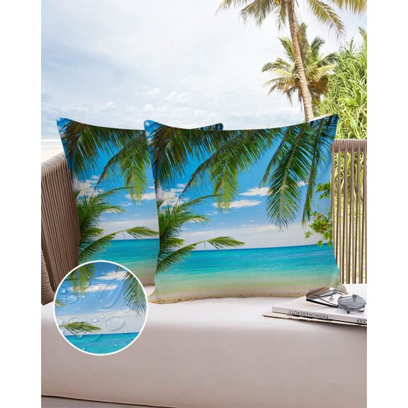 Outdoor Throw Pillow Cover Tropical Ocean Sea Coastal Island Plam Leaves Waterproof Cushion Covers 2 Pack Hawaii Summer Scenery Pillow Cases Home Decoration for Patio Garden Couch Sofa