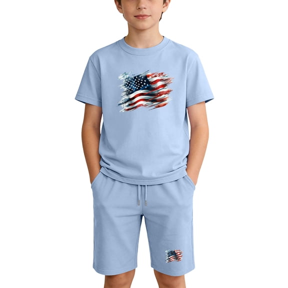 Boys & Girls Summer Patriotic Outfit Sets Short Sleeve Crewneck USA Shirts & Bermuda Shorts for 4-14 Years