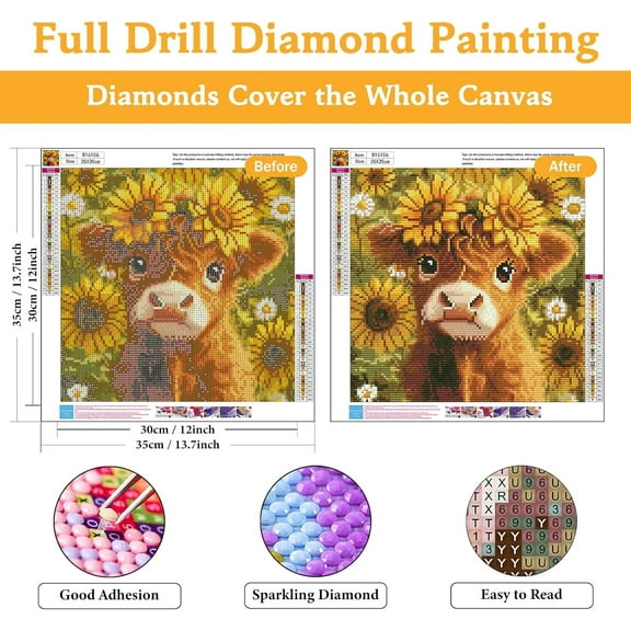 Diamond Art Kits for Adults Highland Cow, DIY 5D Diamond Painting Kit for Beginners Sunflower, Cow Full Round Drill Gem Art Dots for Adults, Perfect for Home Wall Decor 14X14 Inch