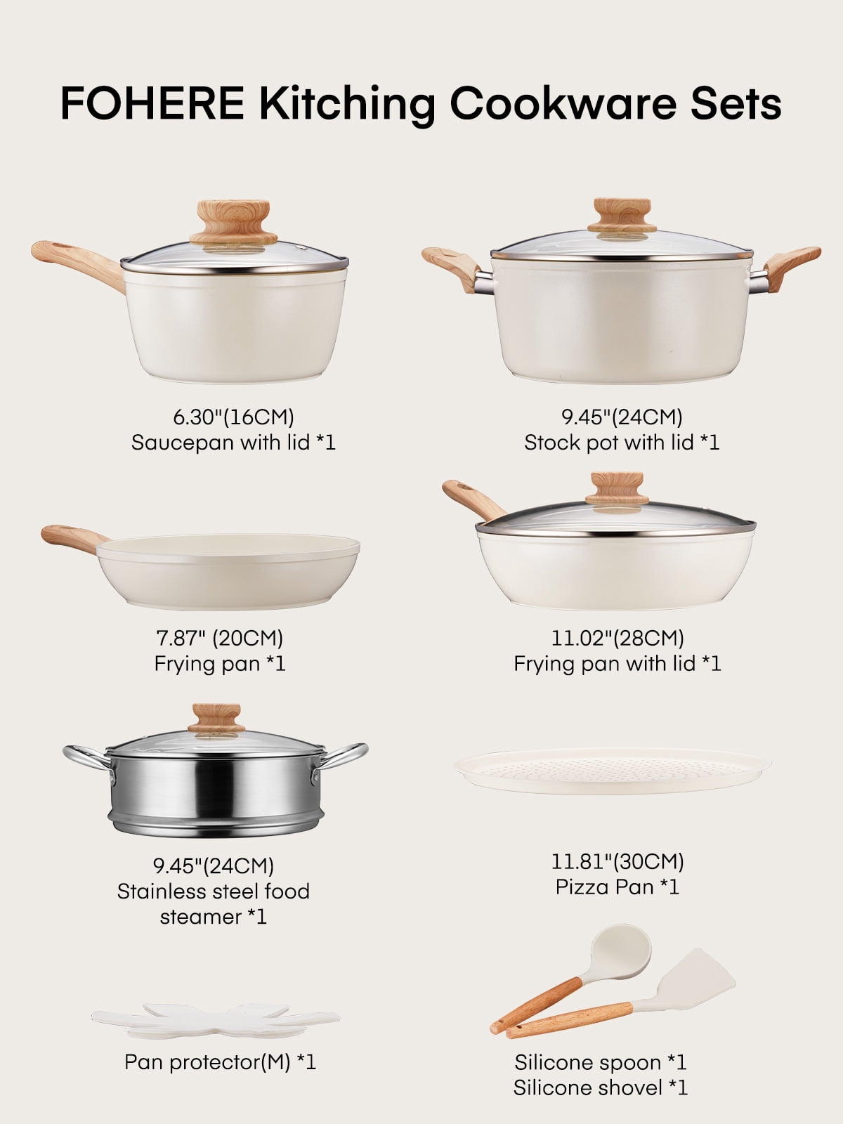 FOHERE 15 PCS Pots and Pans Set, Non-stick Ceramic Cookware Sets, Kitchen Induction Cooking Set