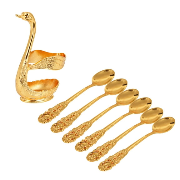 Taotanxi 4.8 In Coffee Spoon Set With Holder, Swan Spoon And fork Holder, Gold Durable Spoons Coffee Station Storage Organizer for Home Kitchen Christmas Universal Gift(Gold)