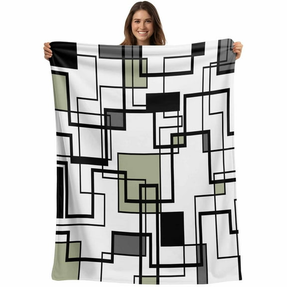 Flannel Fleece Throw Blanket Sage Green Color Block Lightweight Soft Plush Blankets,Black Stripe Abstract Geometric Cozy Warm Throw Blanket for Couch Sofa Bed Car Office All Season Use 40x50in