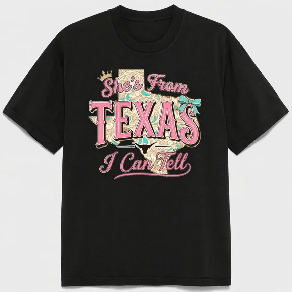 She's From Texas I Can Tell Cowgirl Graphic Tee for Women, Western State Pride Short Sleeve T-Shirt, Casual Country Crew Neck Top for Texas Girl Birthday Gift