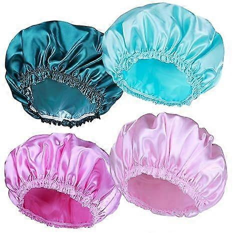 Shower Caps for Women, 4 Pieces Elastic Reusable Shower Caps, Double Layer Waterproof Shower Caps, Bath Shower Caps, Eco-Friendly Hair Shower Caps - S