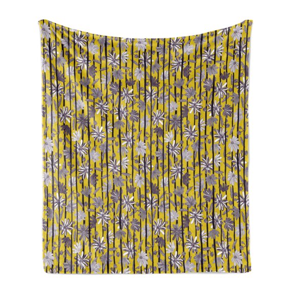 Tropical Soft Flannel Fleece Blanket, Exotic Toned Flourishing Lily Blossoms with Stem Bars Caribbean Pattern, Cozy Plush for Indoor and Outdoor Use, 60" x 80", Yellow Dimgray Black, by Ambesonne