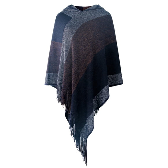 Qarigey Poncho de invierno para mujer, Jersey de punto a rayas, chal con borlas, fiesta de moda, fiesta en la playa, accesorios para fotos, Abrigos y chamarras Azul oscuro