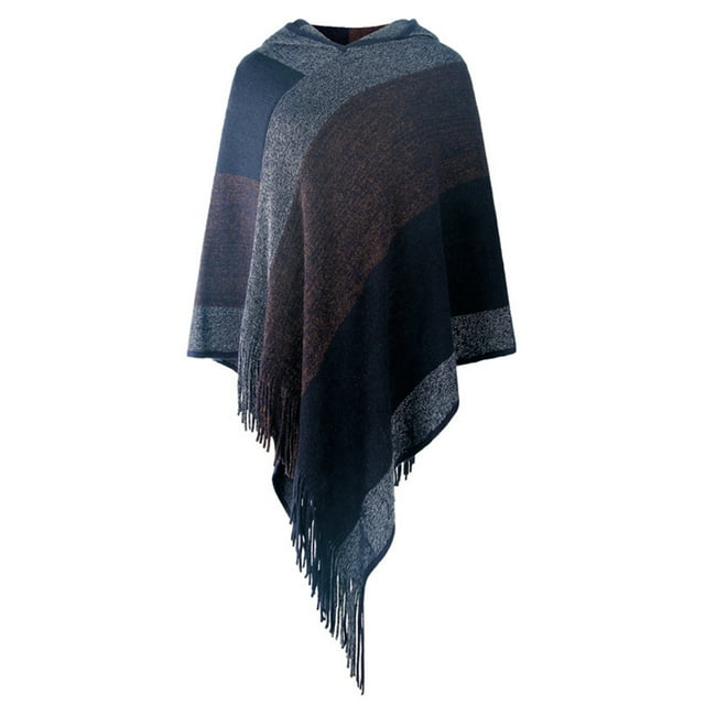 Qarigey Poncho de invierno para mujer, chal a rayas, fiesta de moda, vacaciones, fiesta en la playa, accesorios para fotos, bufanda con dobladillo Abrigos y chamarras Azul oscuro