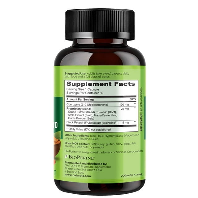 NATURELO Whole Food CoQ10 with Heart Health Blend, Powerful Antioxidant for Energy Production, 60 Capsules