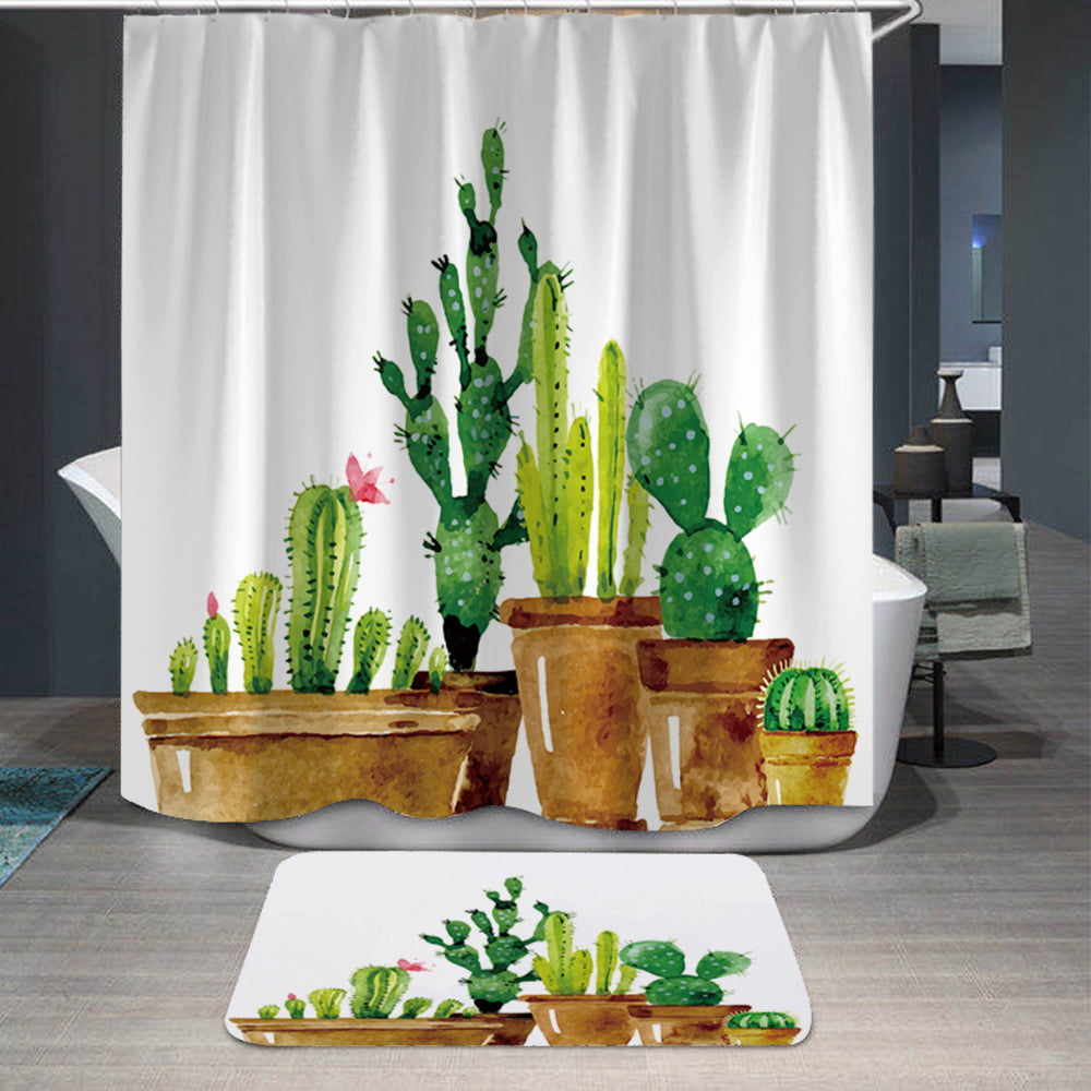 Plant Cactus Flower in Black Backgroun Pattern Waterproof  Fabric Shower Curtain 