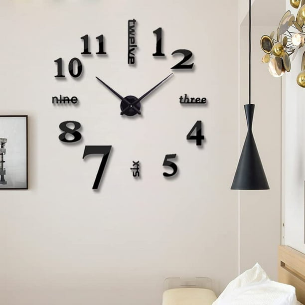 Reloj de pared 3D grande sin marco, pegatina de pared de gran tamaño, decoración de espejo acrílico silencioso, decoración de dormitorio/sala de estar/pasillo/bar, reloj de pared creativo de moda, reloj de pared digital, negro ER