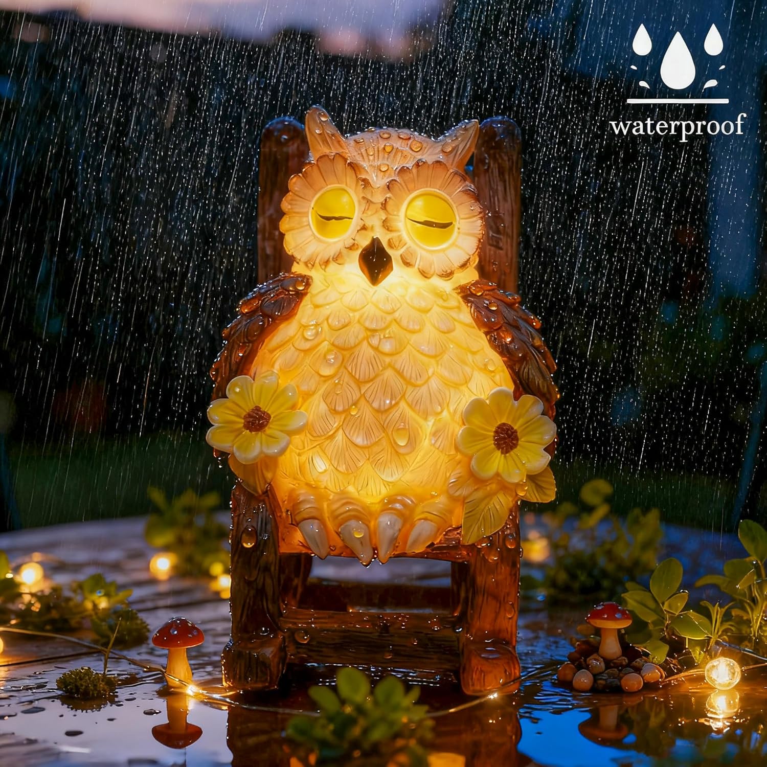 RGHJAR-Garden Gift for Mom Grandma, LED Solar Owl on Chair Patio Sculpture, Cute Outdoor Fairy Garden Housewarming Decor Figurine 6x4.5x3.3 in