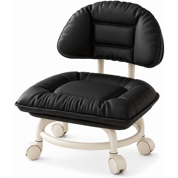 Rolling Low Stool with Backrest, Padded PU Leather Seat and Quiet Casters, Mobile Shoe Changing Stool for Home Garage Workshop, 360° Swivel Small Rolling Seat