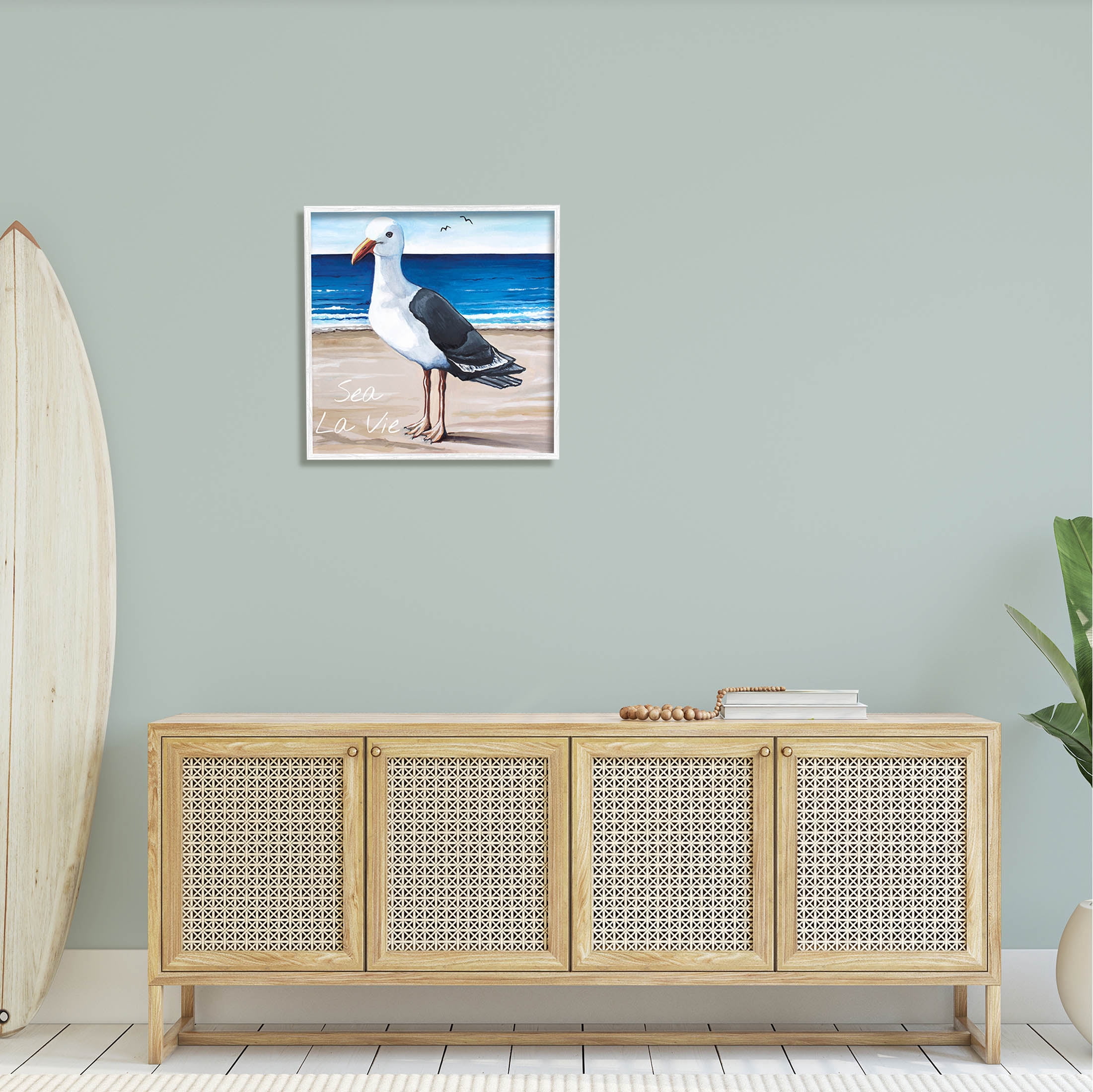 Stupell Industries Sea La Vie French Beach Seagull Quote Graphic Art White Framed Art Print Wall Art, Design by Elizabeth Tyndall