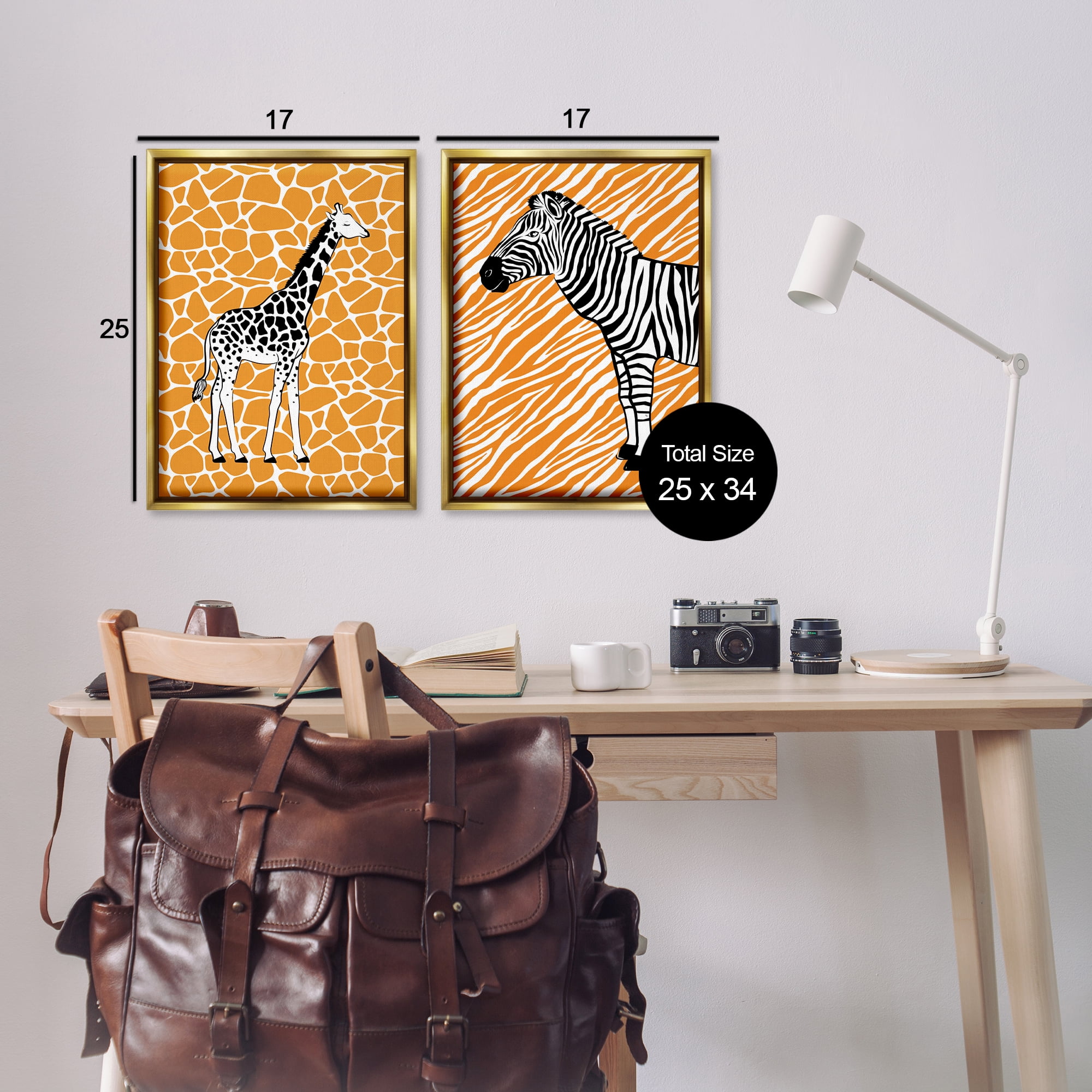 Stupell Industries Jungle Animals on Orange Animals Painting Gold Floater Framed Canvas Art Print Wall Art, 17 x 25, Set of 2