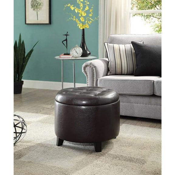 Round Ottoman Storage Footrest - Blue Corduroy Lid Ottoman - Living Room Accent Furniture