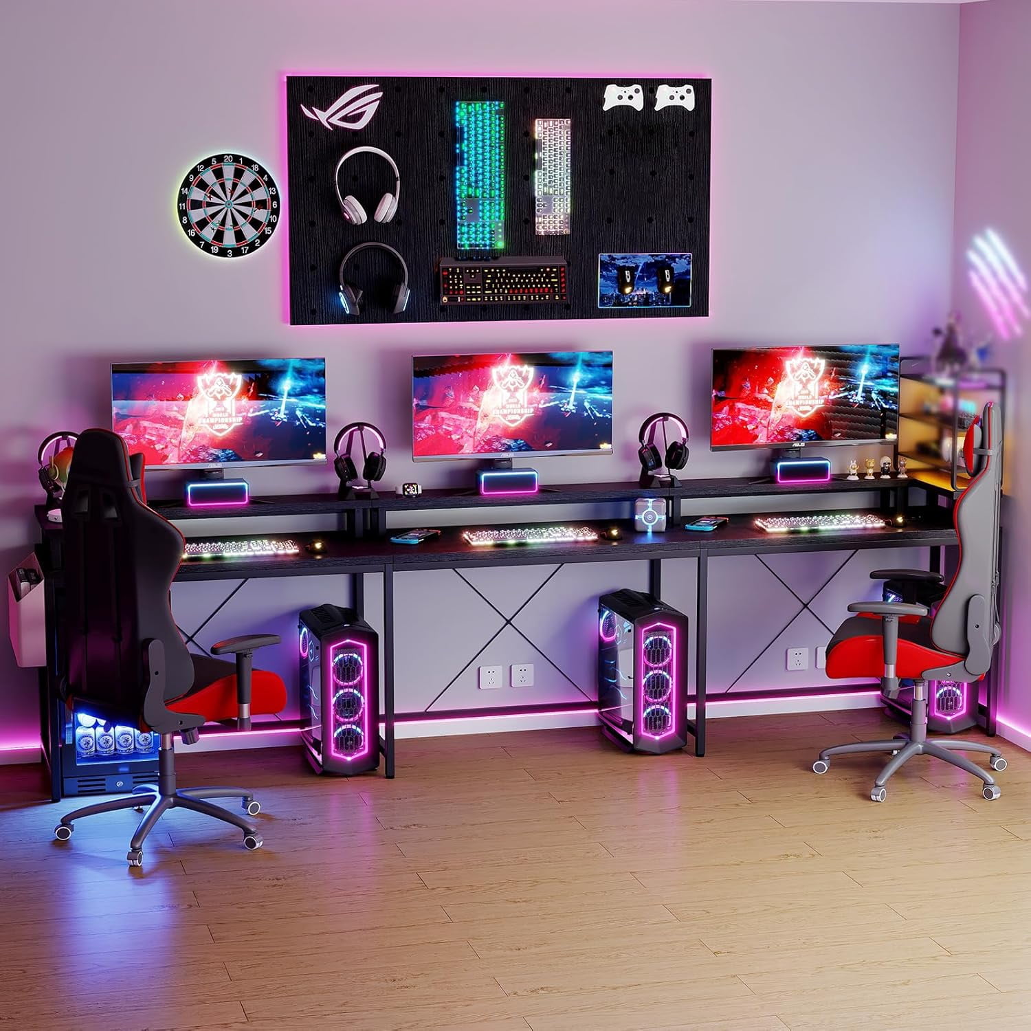 U Shaped Home Office Desk, Reversible L Shaped Gaming Computer Desk with Power Outlets,126 Inch Computer Desk with Monitor Stand and LED Lights,Storage Shelves,Storage Bag and Hooks（Black）