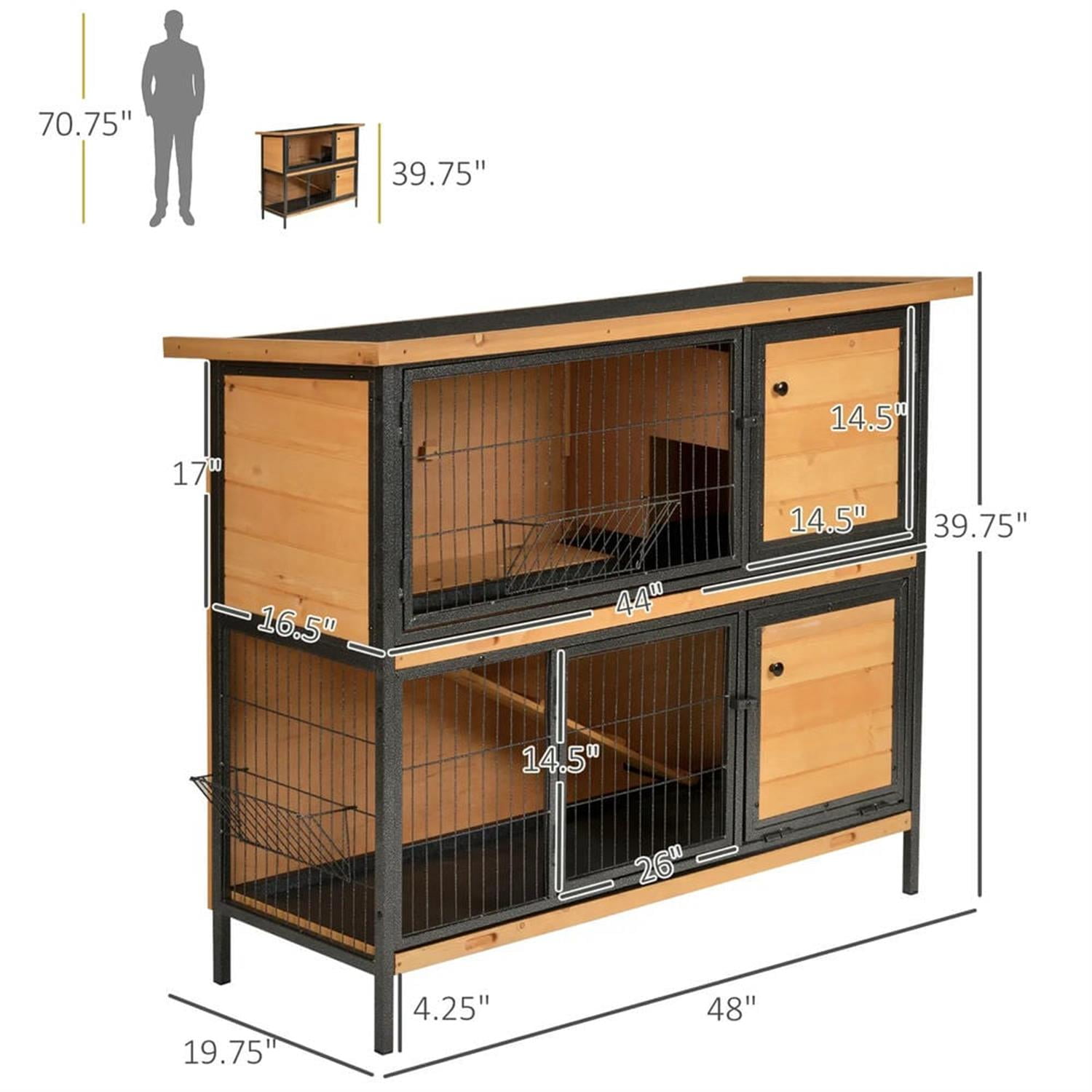 Kadyn 48" 2-Story Wooden Rabbit Hutch with Slide-out Tray, Outdoor Small Animal Habitat Enclosure Bunny Cage for Bunnies, Guinea Pigs, Beige