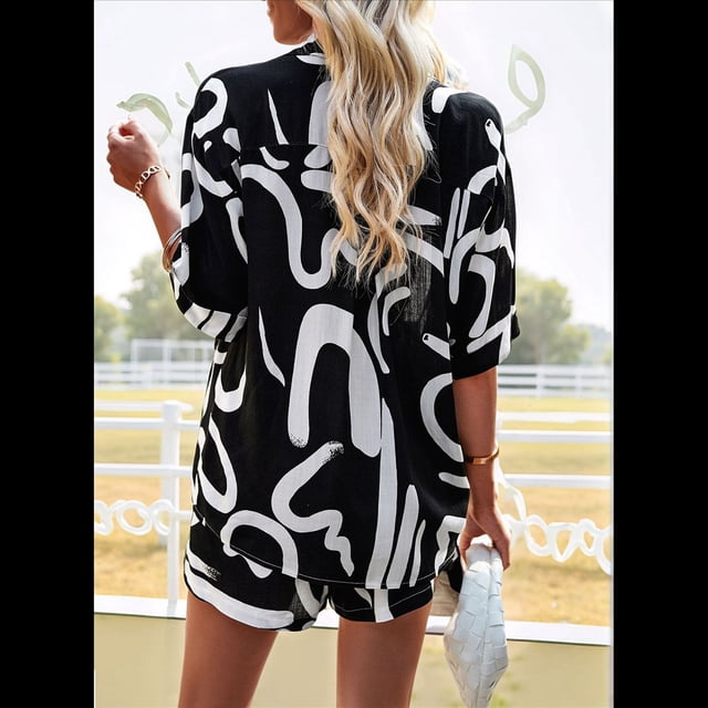 Conjunto Deportivo Informal de Verano de 2 Piezas con Blusa y Estampado Floral para Mujer, Larga, Botones, Color Negro, Talla L