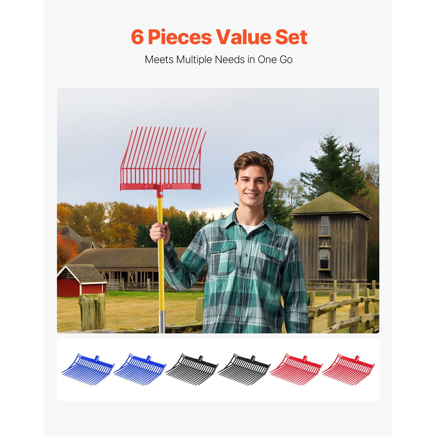 Manure Fork Replacement Heads 6-Pack, PP Plastic, 18 Tines, Side-Angled Tooth Design, for Hay Straw Manure Handling
