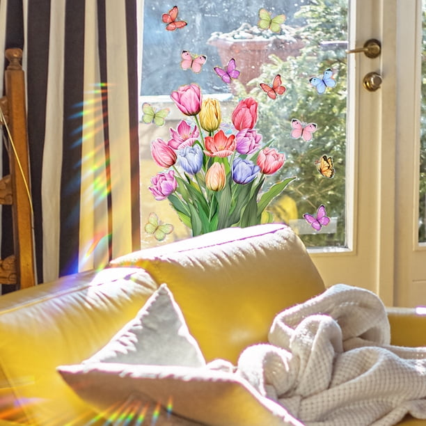Etiqueta adhesiva para ventana de primavera y verano, calcomanía para ventana con flor de mariposa y tulipán para suministros de fiesta en casa, escaparate de tienda, exhibición de vidrio