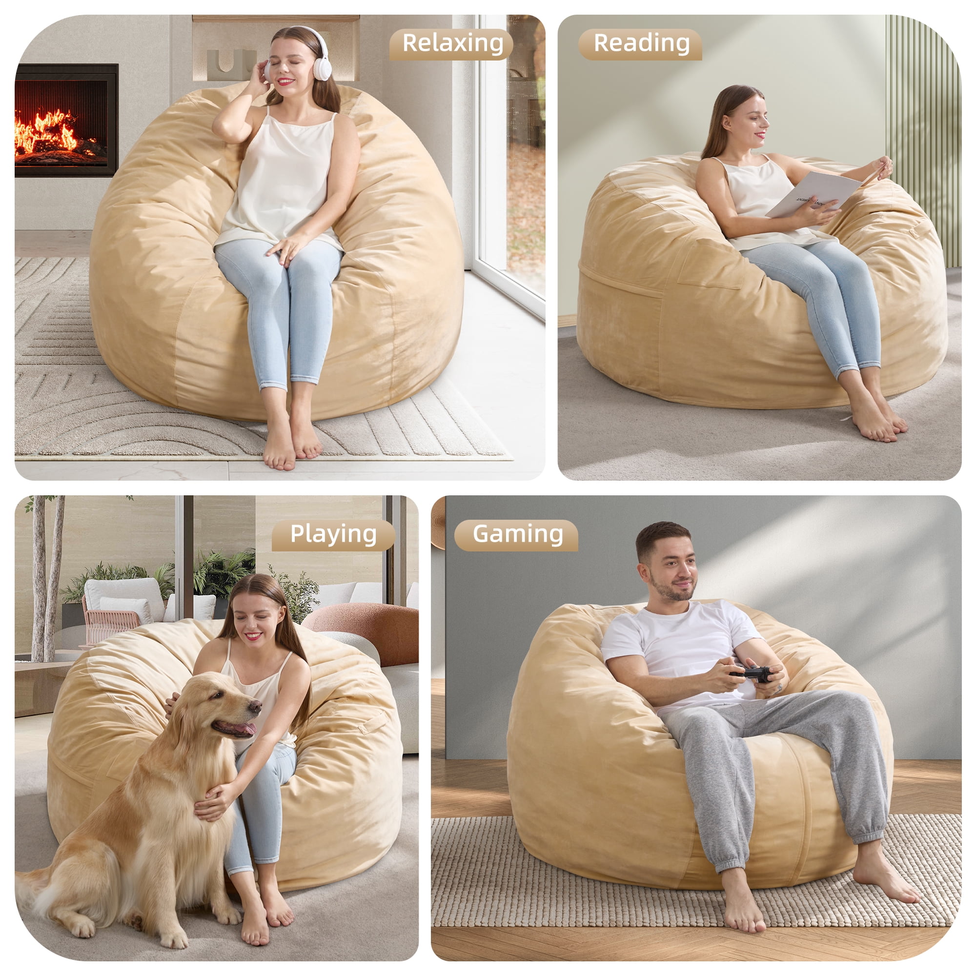 4FT Bean Bag Chair Bean Bag Chairs for Adults Giant Bean Chairs with Velvet Cover, Memory Foam BeanBag Chair Fluffy BeanBag Chairs for Living Room, Bedroom - Khaki (44" x 44" x 24")