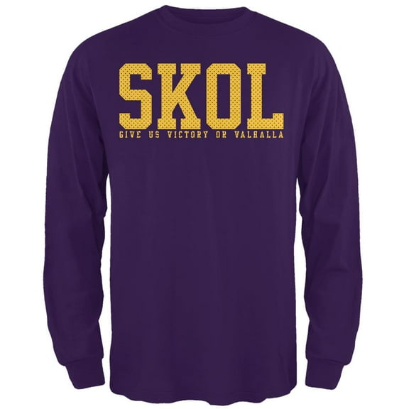 Vikings Skol Give Us Victory or Valhalla Mens Long Sleeve T Shirt Purple MD