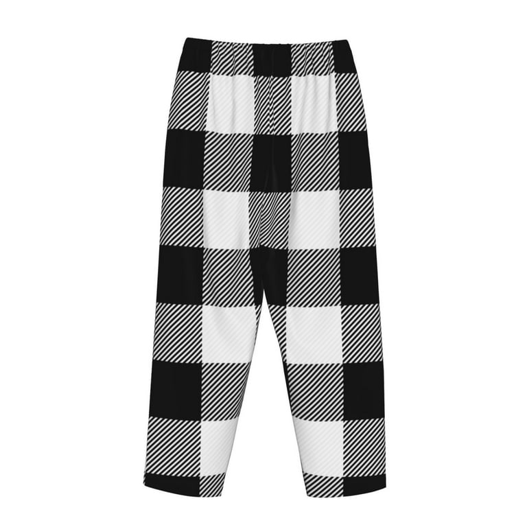 black and white cigarette pants Lsque White And Black Plaid Print Women's Pajama Pants, Lounge Pant -  Comfortable Home Wear,Elastic Waistband, Stylish Design-XX-Large