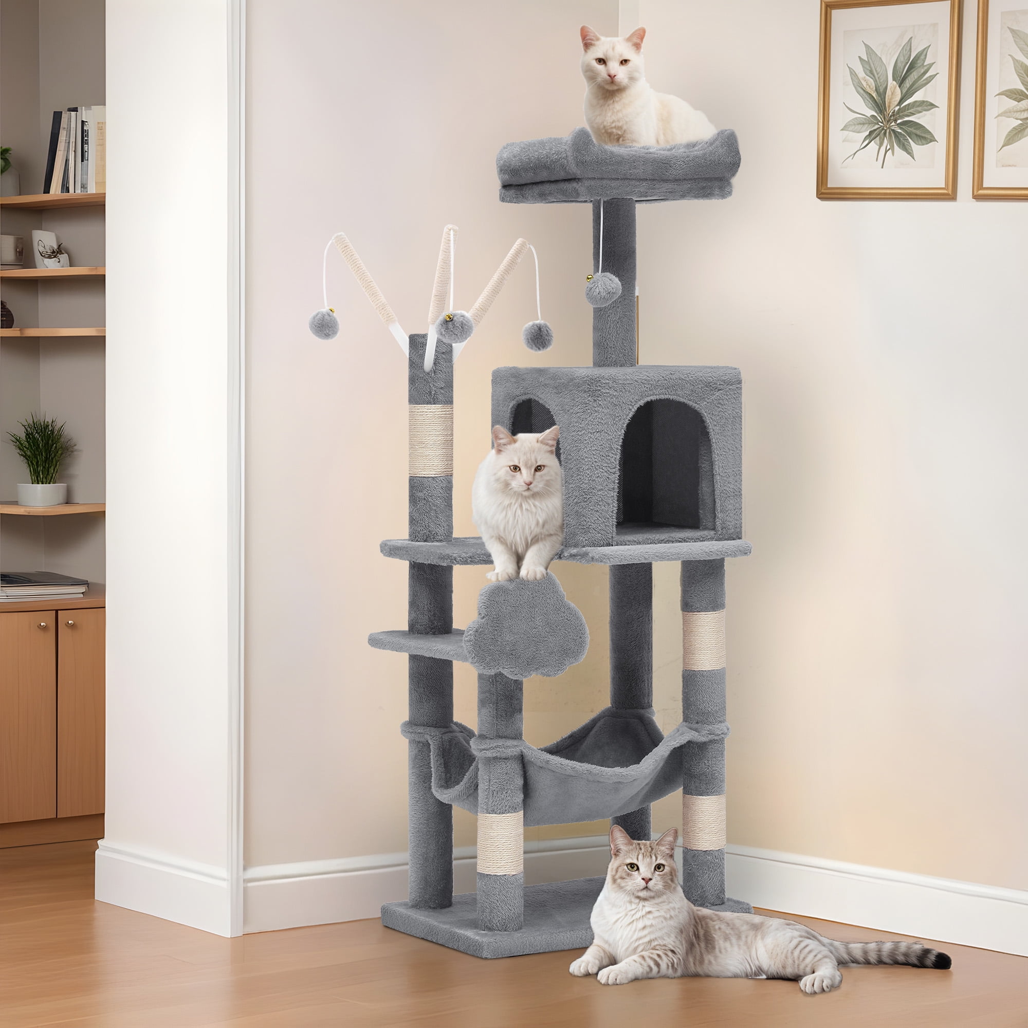 Uforic Cat Tree Tower 44" Multi-Level Cat Condo with Scratch Posts&Hammock for indoor Small Cats, Light Gray