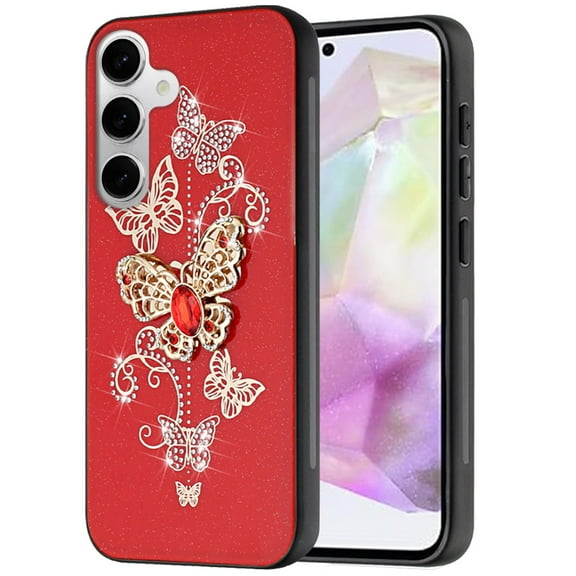 Designed for Samsung Galaxy A36 Diamonds 3D Butterfly Bling Sparkly Glitter Ornaments Engraving Hybrid Metal Fashion Phone Case Cover - Red Garden Butterflies