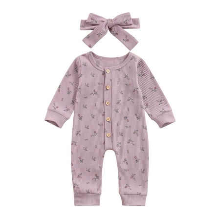 

Canrulo Newborn Infant Baby Girl 2Pcs Autumn Romper Long Sleeve Jumpsuit Headband Clothes Purple 6-12 Months