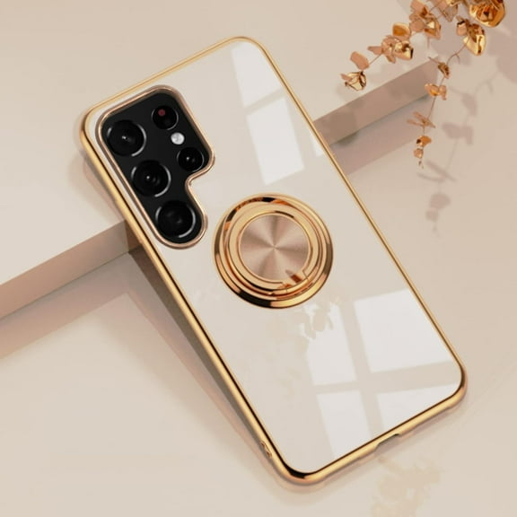 Case for Samsung Galaxy S22 Ultra Ring Holder Case Shiny Plating Rose Gold Edge with 360 Degree Rotation Kickstand for Women Girls Slim Soft Flexible TPU Protective Cover Case, 6.8 Inch, Pink