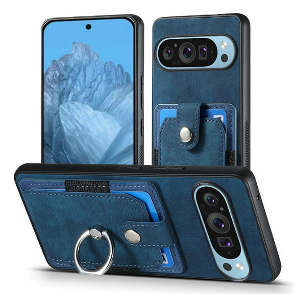 Feishell for Google Pixel 9 Pro XL Wallet Case with Elastic Card Holder,Premium PU Leather Shockproof TPU Bumper 360° Rotation Finger Ring Holder Kickstand Anti-Scratch Protective Phone Case,Blue